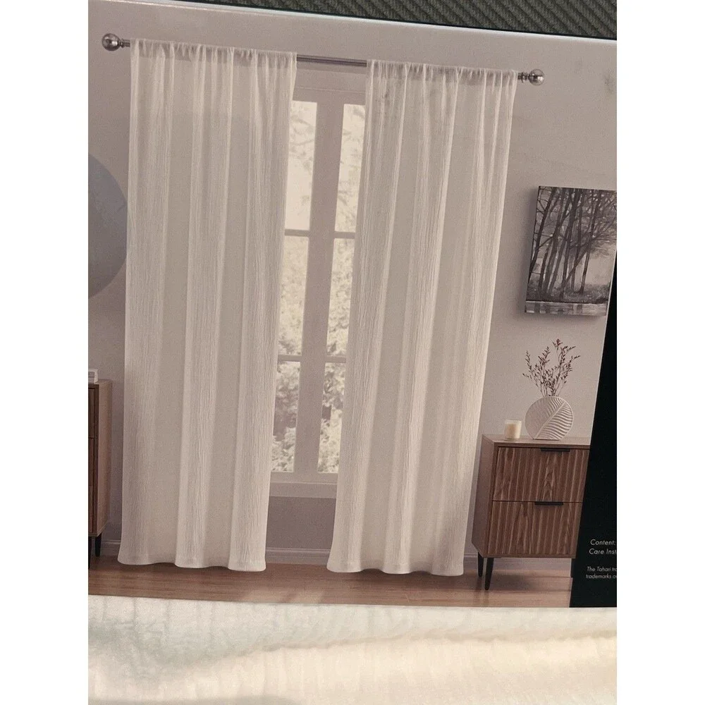 Tahari Home Gauze Rod Pocket Top Window Panel Pair White Textured 84” New